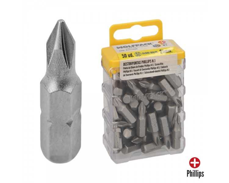 Puntas Destornillador Phillips Nº 1 (50 Piezas). Acero S2 al Cromo Vanadio. Puntas Hexagonales, Destorpuntas,