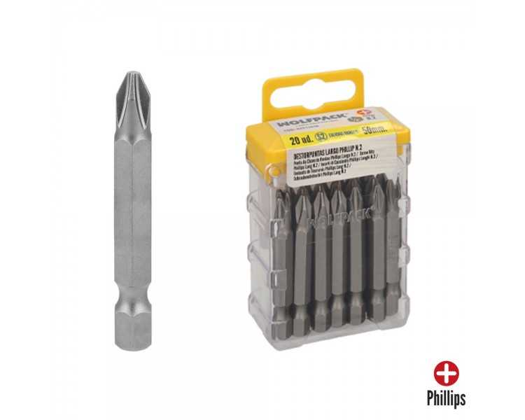 Puntas Largas Destornillador Phillips Nº 2 (20 Piezas). Acero S2 al Cromo Vanadio. Puntas Hexagonales, Destorpuntas,