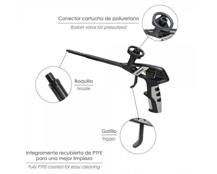 Pistola Para Espuma Poliuretano Recubriemiento Integro PTFE  (Interior y Exterior) Pistola Calafatear, Rellenar, Sellar