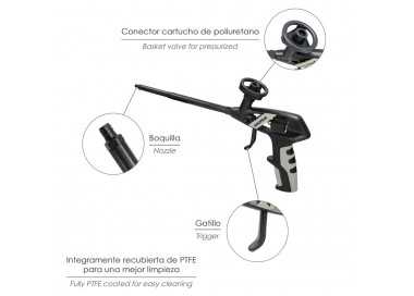 Pistola Para Espuma Poliuretano Recubriemiento Integro PTFE  (Interior y Exterior) Pistola Calafatear, Rellenar, Sellar