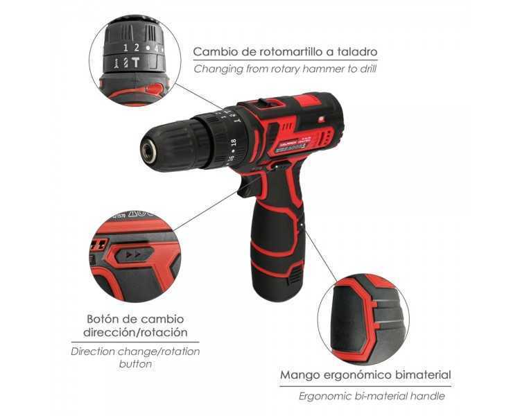 Taladro Atornillador 12 V. Con 2 Velocidades y Percutor. Bateria 1.300 mAh. Par Apriete 35 Nm.