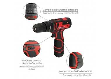 Taladro Atornillador 12 V. Con 2 Velocidades y Percutor. Bateria 1.300 mAh. Par Apriete 35 Nm.