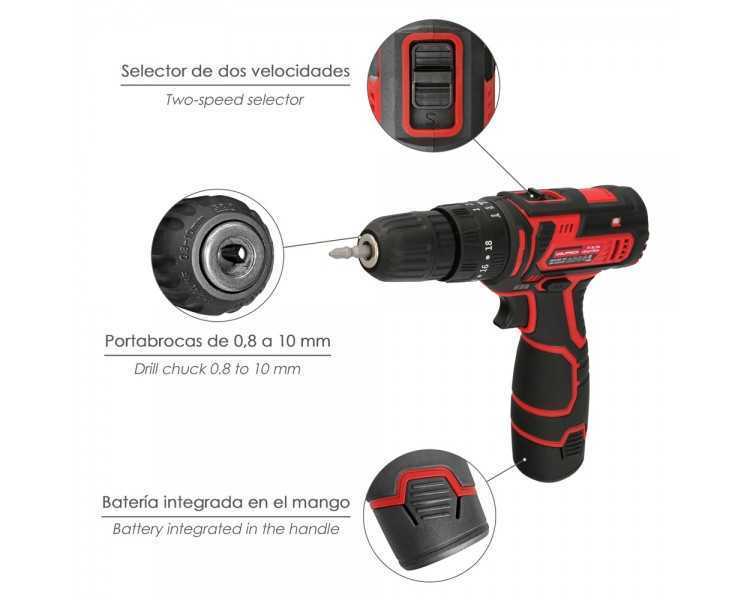 Taladro Atornillador 12 V. Con 2 Velocidades y Percutor. Bateria 1.300 mAh. Par Apriete 35 Nm.