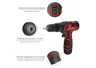 Taladro Atornillador 12 V. Con 2 Velocidades y Percutor. Bateria 1.300 mAh. Par Apriete 35 Nm.