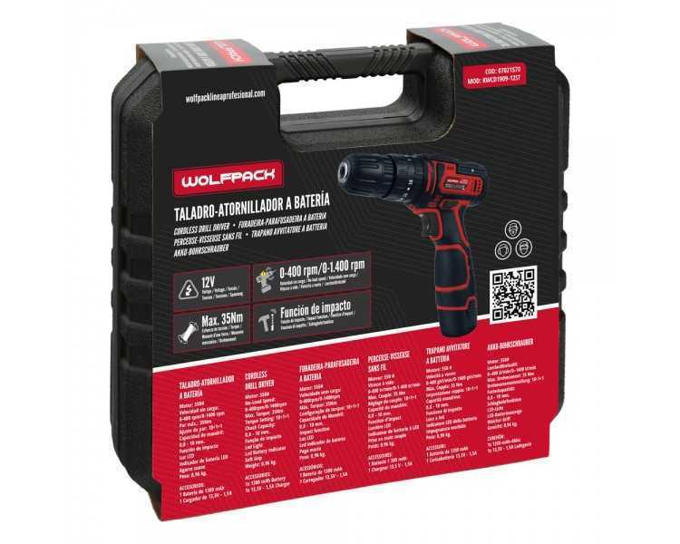 Taladro Atornillador 12 V. Con 2 Velocidades y Percutor. Bateria 1.300 mAh. Par Apriete 35 Nm.