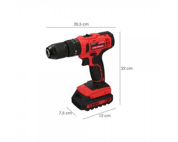 Taladro Atornillador 20 V. Con 2 Velocidades y Percutor. Bateria 2 Ah. Par Apriete 35 Nm.
