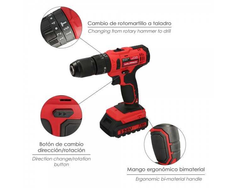 Taladro Atornillador 20 V. Con 2 Velocidades y Percutor. Bateria 2 Ah. Par Apriete 35 Nm.