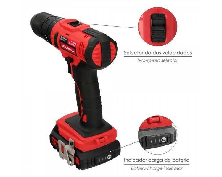 Taladro Atornillador 20 V. Con 2 Velocidades y Percutor. Bateria 2 Ah. Par Apriete 35 Nm.