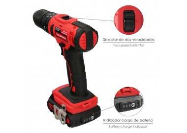 Taladro Atornillador 20 V. Con 2 Velocidades y Percutor. Bateria 2 Ah. Par Apriete 35 Nm.