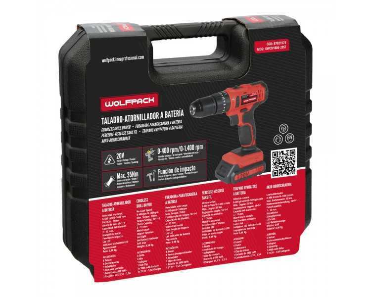 Taladro Atornillador 20 V. Con 2 Velocidades y Percutor. Bateria 2 Ah. Par Apriete 35 Nm.