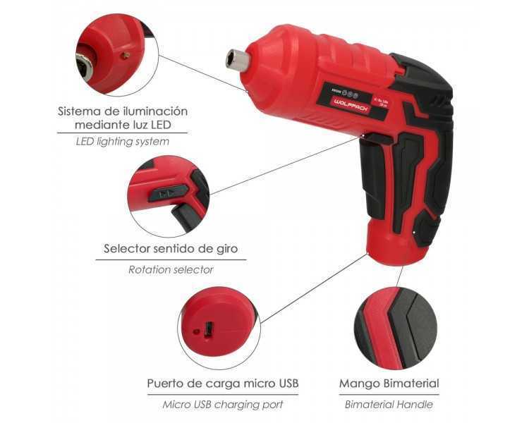 Atornillador 4 V. Con Led, Funda y 5 Destorpuntas, Bateria Recargable USB
