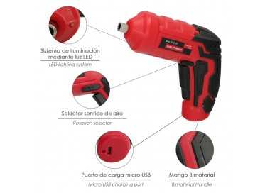 Atornillador 4 V. Con Led, Funda y 5 Destorpuntas, Bateria Recargable USB