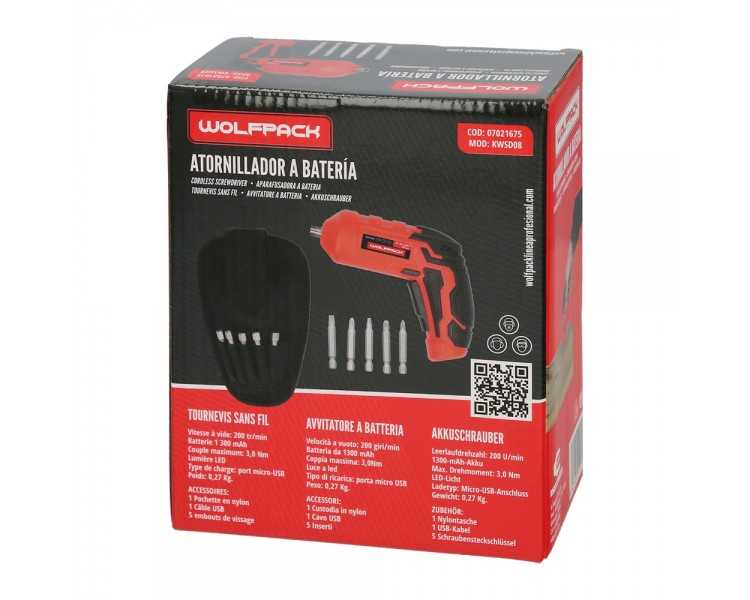 Atornillador 4 V. Con Led, Funda y 5 Destorpuntas, Bateria Recargable USB