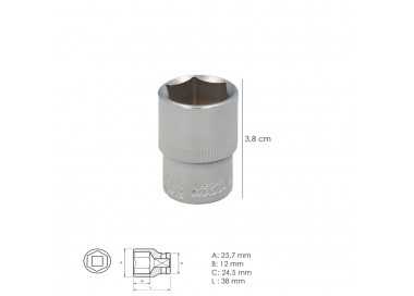 Llave Vaso 1/2" Hexagonal 20 mm. Perfil de 6 caras. Acero Cromo Vanadio, Aristas Redondas
