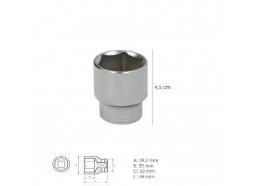 Llave Vaso 1/2" Hexagonal 30 mm. Perfil de 6 caras. Acero Cromo Vanadio, Aristas Redondas