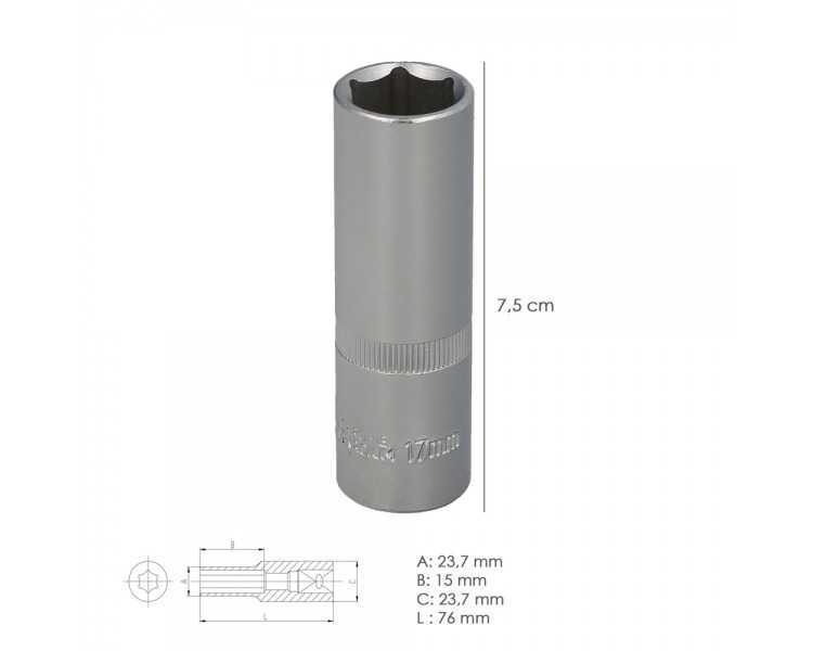 Llave Vaso 1/2" Hexagonal Larga 17 mm. Perfil de 6 caras. Acero Cromo Vanadio, Aristas Redondas
