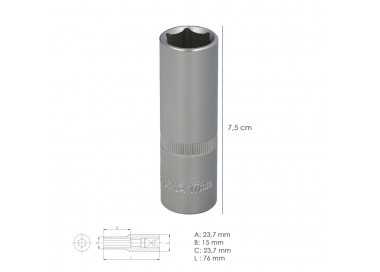 Llave Vaso 1/2" Hexagonal Larga 17 mm. Perfil de 6 caras. Acero Cromo Vanadio, Aristas Redondas