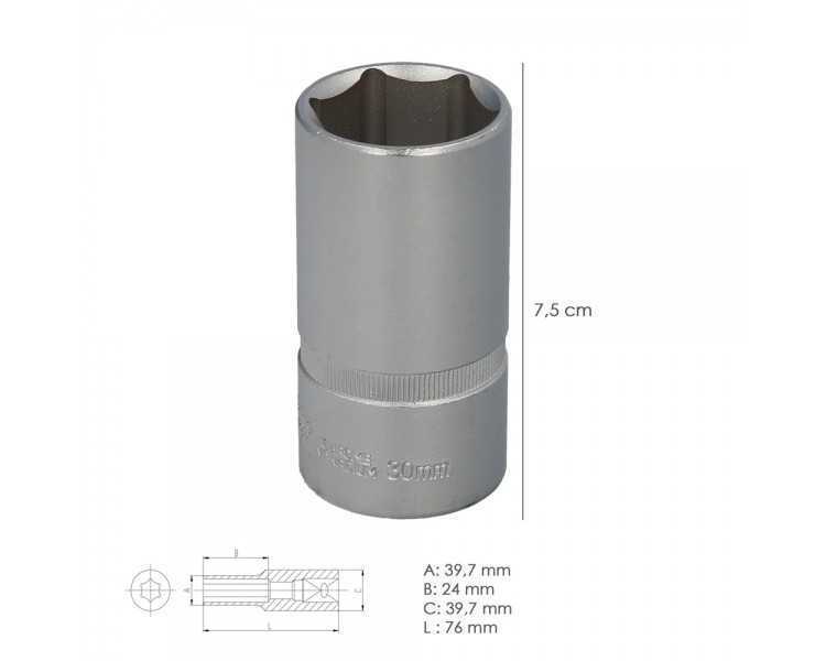 Llave Vaso 1/2" Hexagonal Larga 30 mm. Perfil de 6 caras. Acero Cromo Vanadio, Aristas Redondas