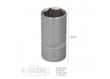 Llave Vaso 1/2" Hexagonal Larga 30 mm. Perfil de 6 caras. Acero Cromo Vanadio, Aristas Redondas
