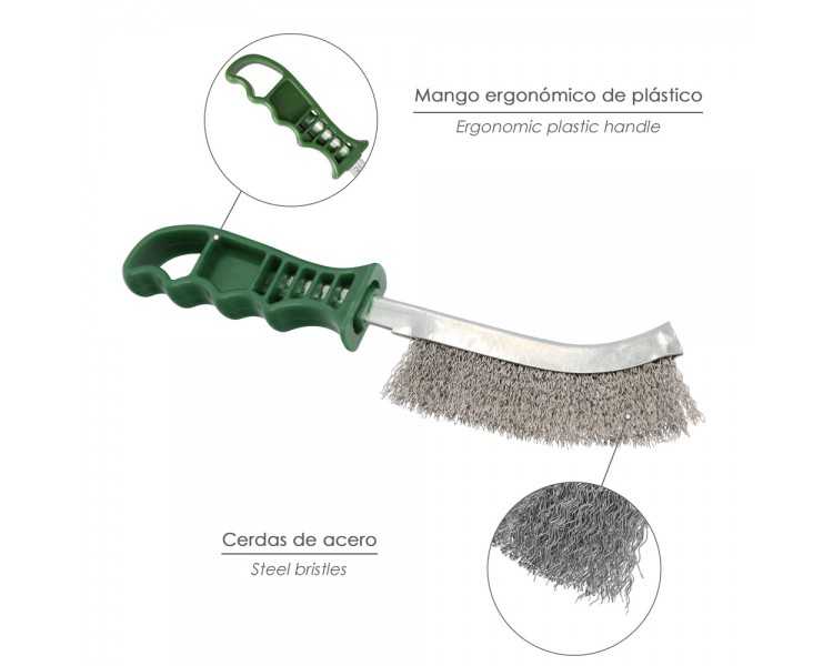 Cepillo Acero Inoxidable Mango Verde 25 cm. Cepillo Eliminación Oxido, Pintura, Pulido De Metales.