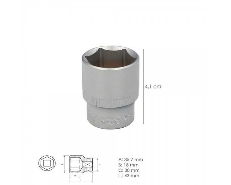 Llave Vaso 1/2" Hexagonal 27 mm. Perfil de 6 caras. Acero Cromo Vanadio, Aristas Redondas