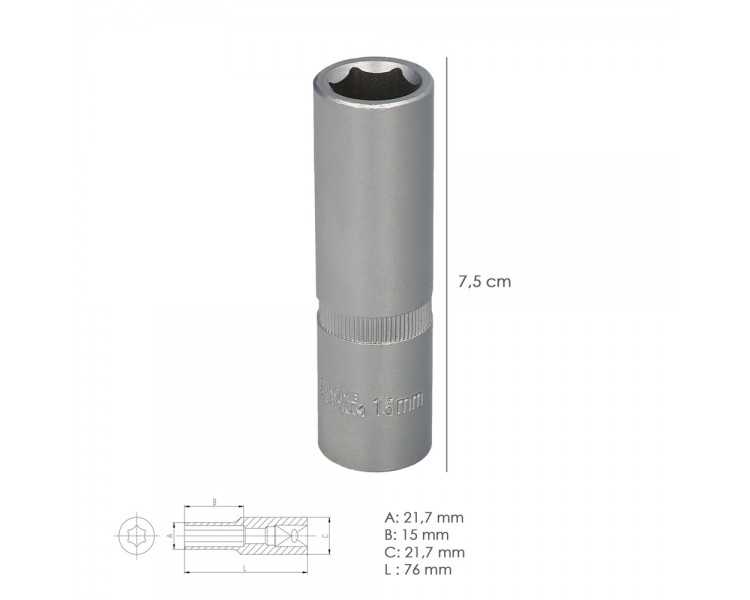 Llave Vaso 1/2" Hexagonal Larga 15 mm. Perfil de 6 caras. Acero Cromo Vanadio, Aristas Redondas