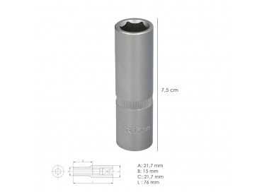Llave Vaso 1/2" Hexagonal Larga 15 mm. Perfil de 6 caras. Acero Cromo Vanadio, Aristas Redondas
