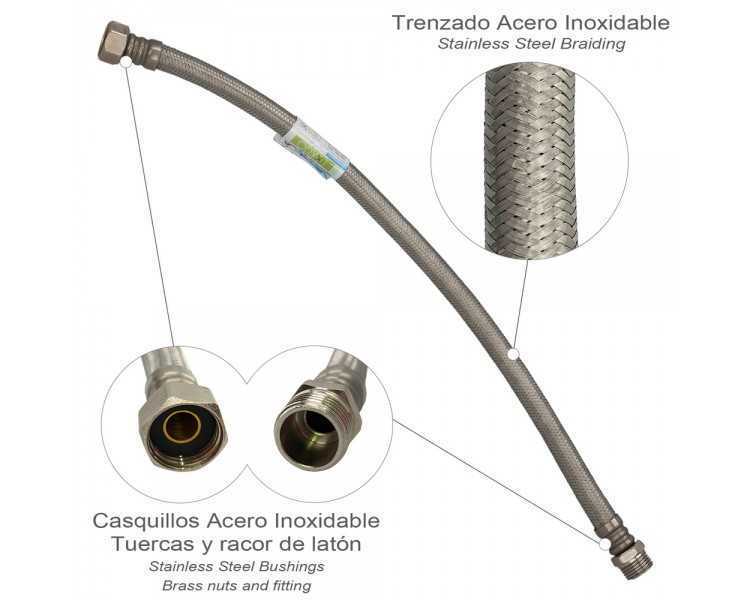 Latiguillo Flexible Reforzado Acero Inoxidable Termo Macho 1/2" - Hembra 1/2" Longitud 500 mm