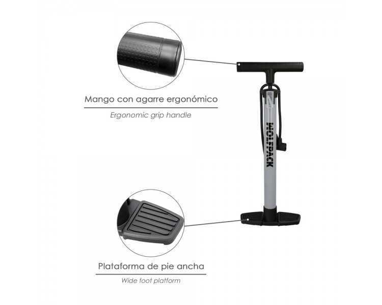 Bomba Aire 5,5 Bares Cuerpo Acero, Valvulas SCHRADER y PRESTA con Adaptadores. Bomba Bicicletas, Bomba coches