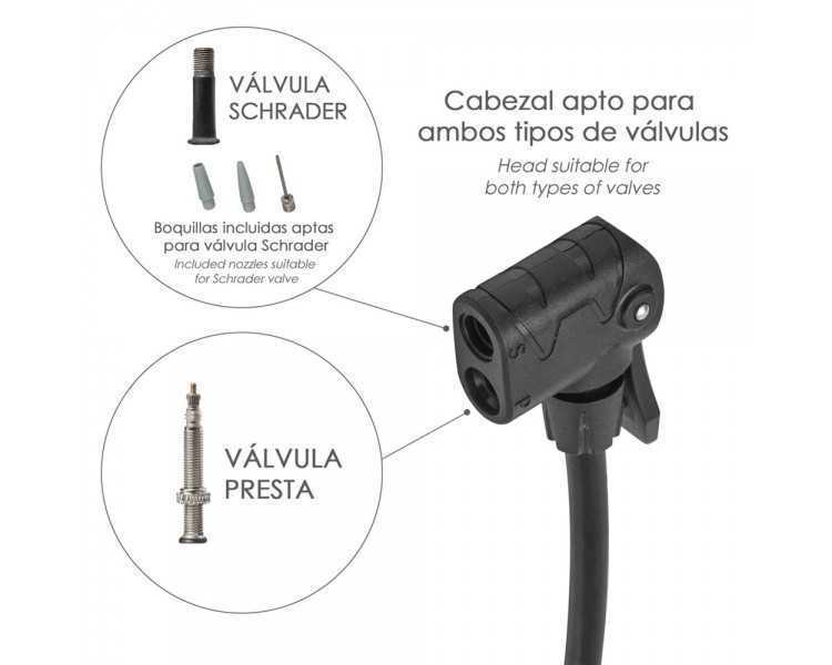 Bomba Aire 5,5 Bares Cuerpo Acero, Valvulas SCHRADER y PRESTA con Adaptadores. Bomba Bicicletas, Bomba coches