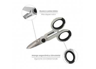 Tijeras Electricista 140 mm. Mango TPR No tension. Hojas Acero Inoxidable, Ergonomicas, Tijeras Cortar Cable, Pelacables