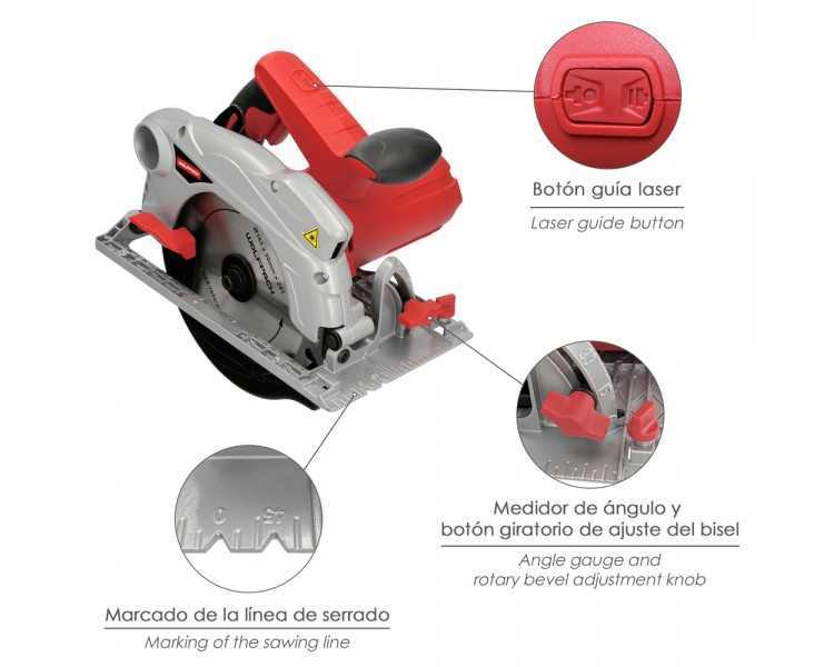 Sierra Circular 1300 Watt. Con Laser Disco 185 mm. 4.700 RPM Corte Inglete Regulador de Profundidad. Ingletadora, Sierra Madera