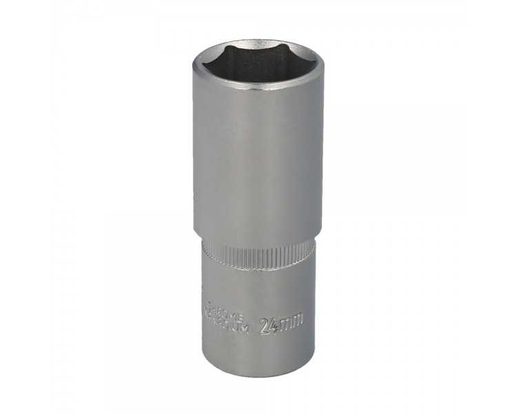 Llave Vaso 1/2" Hexagonal Larga 24 mm. Perfil de 6 caras. Acero Cromo Vanadio, Aristas Redondas