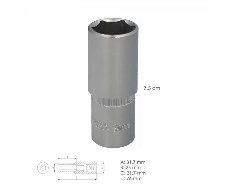 Llave Vaso 1/2" Hexagonal Larga 24 mm. Perfil de 6 caras. Acero Cromo Vanadio, Aristas Redondas