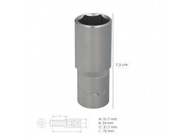 Llave Vaso 1/2" Hexagonal Larga 24 mm. Perfil de 6 caras. Acero Cromo Vanadio, Aristas Redondas