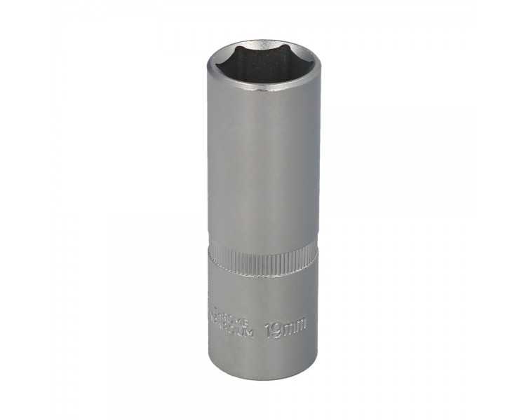 Llave Vaso 1/2" Hexagonal Larga 19 mm. Perfil de 6 caras. Acero Cromo Vanadio, Aristas Redondas