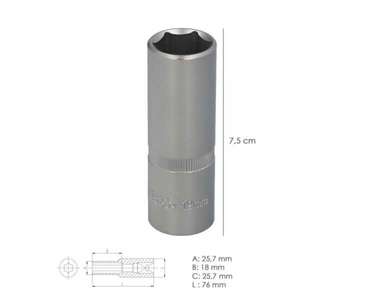 Llave Vaso 1/2" Hexagonal Larga 19 mm. Perfil de 6 caras. Acero Cromo Vanadio, Aristas Redondas