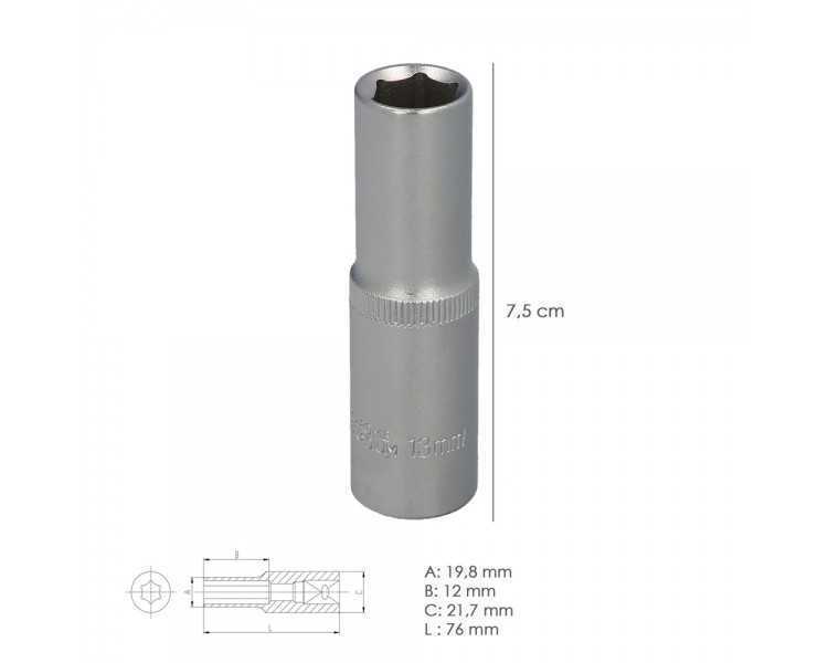 Llave Vaso 1/2" Hexagonal Larga 13 mm. Perfil de 6 caras. Acero Cromo Vanadio, Aristas Redondas