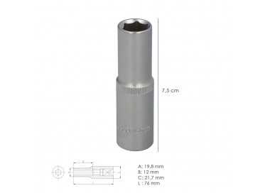 Llave Vaso 1/2" Hexagonal Larga 13 mm. Perfil de 6 caras. Acero Cromo Vanadio, Aristas Redondas