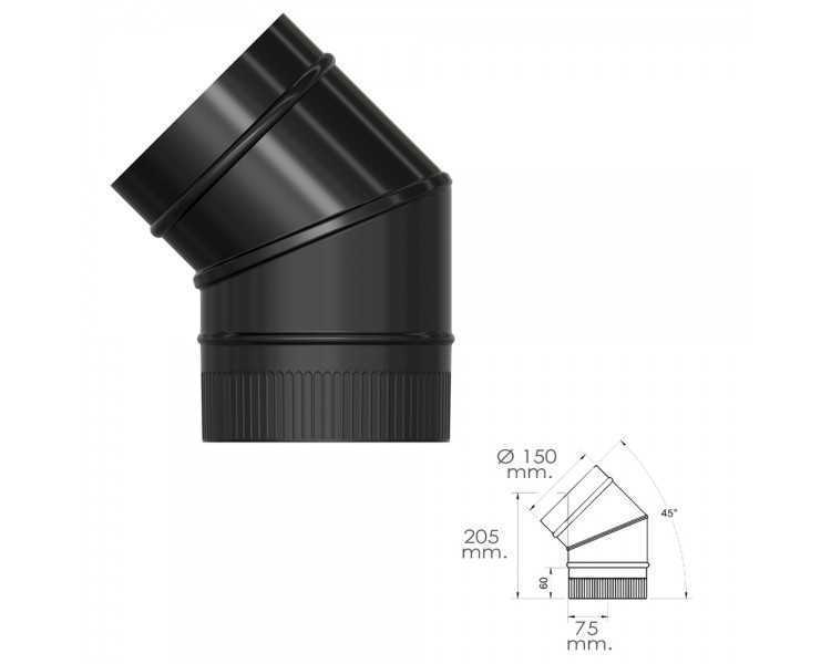 Codo Estufa Liso Negro Vitrificado Ø 150 mm. 45°