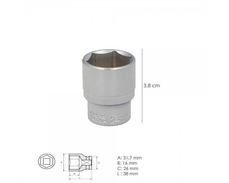 Llave Vaso 1/2" Hexagonal 24 mm. Perfil de 6 caras. Acero Cromo Vanadio, Aristas Redondas