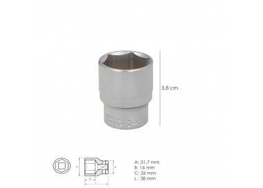 Llave Vaso 1/2" Hexagonal 24 mm. Perfil de 6 caras. Acero Cromo Vanadio, Aristas Redondas