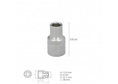 Llave Vaso 1/2" Hexagonal 10 mm. Perfil de 6 caras. Acero Cromo Vanadio, Aristas Redondas