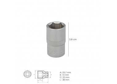Llave Vaso 1/2" Hexagonal 17 mm. Perfil de 6 caras. Acero Cromo Vanadio, Aristas Redondas