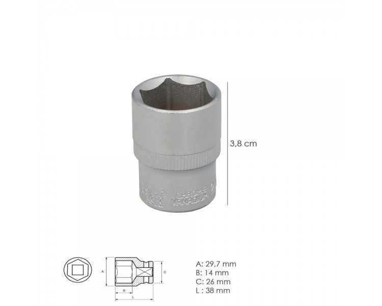 Llave Vaso 1/2" Hexagonal 22 mm. Perfil de 6 caras. Acero Cromo Vanadio, Aristas Redondas