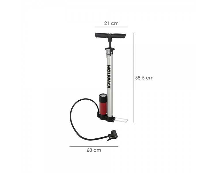 Bomba Inflar Bicicleta Con Manometro. Doble Boquilla Valvula Presta y Schrader. Con Adaptadores. Ø 32 x 500 mm. 10 BAR / 160 PSI