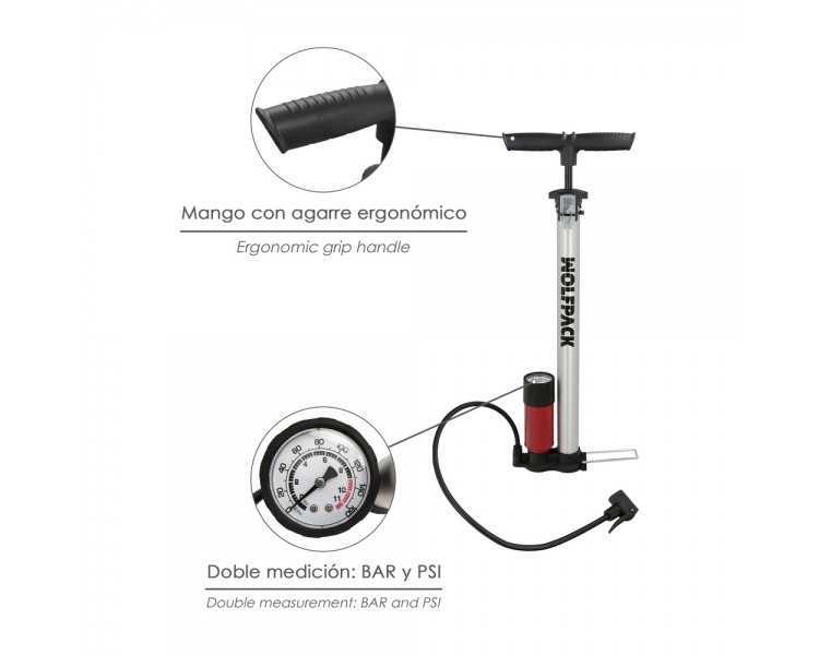 Bomba Inflar Bicicleta Con Manometro. Doble Boquilla Valvula Presta y Schrader. Con Adaptadores. Ø 32 x 500 mm. 10 BAR / 160 PSI