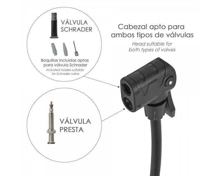 Bomba Inflar Bicicleta Con Manometro. Doble Boquilla Valvula Presta y Schrader. Con Adaptadores. Ø 32 x 500 mm. 10 BAR / 160 PSI