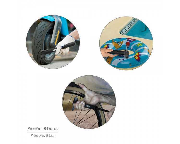 Bomba Para Bicicletas, Inflador Para Bicicleta, Bomba Patinete. Valvulas Schrader, Dunlop y Presta 8 Bares, Con soporte Bici