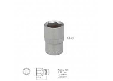 Llave Vaso 1/2" Hexagonal 18 mm. Perfil de 6 caras. Acero Cromo Vanadio, Aristas Redondas